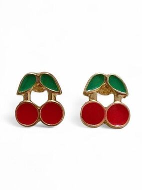 🛍️3/$20🛍️ Hand Crafted Gold Cherry Stud Earrings - Red & Green
